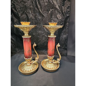 Vintage Dilly Gilt Candle Holders Made In USA Red Patina 10"